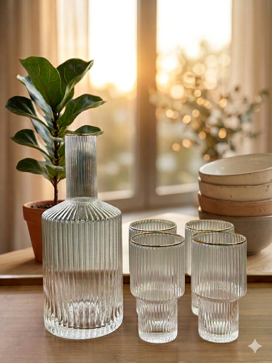 VERTICAL STRIPE FLUTED BOTTOM JUG GLASS SET- 5 PCS
