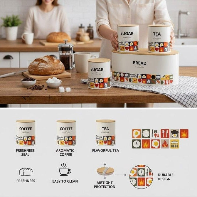 4-Piece kitchen Storage Bread Box and Canisters for Tea Coffee and Sugar