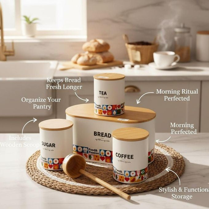 4-Piece kitchen Storage Bread Box and Canisters for Tea Coffee and Sugar