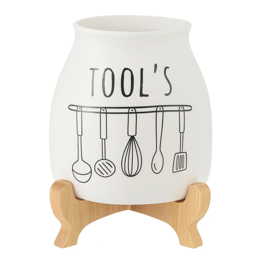 Porcelain Cutlery Holder With Bamboo Stand