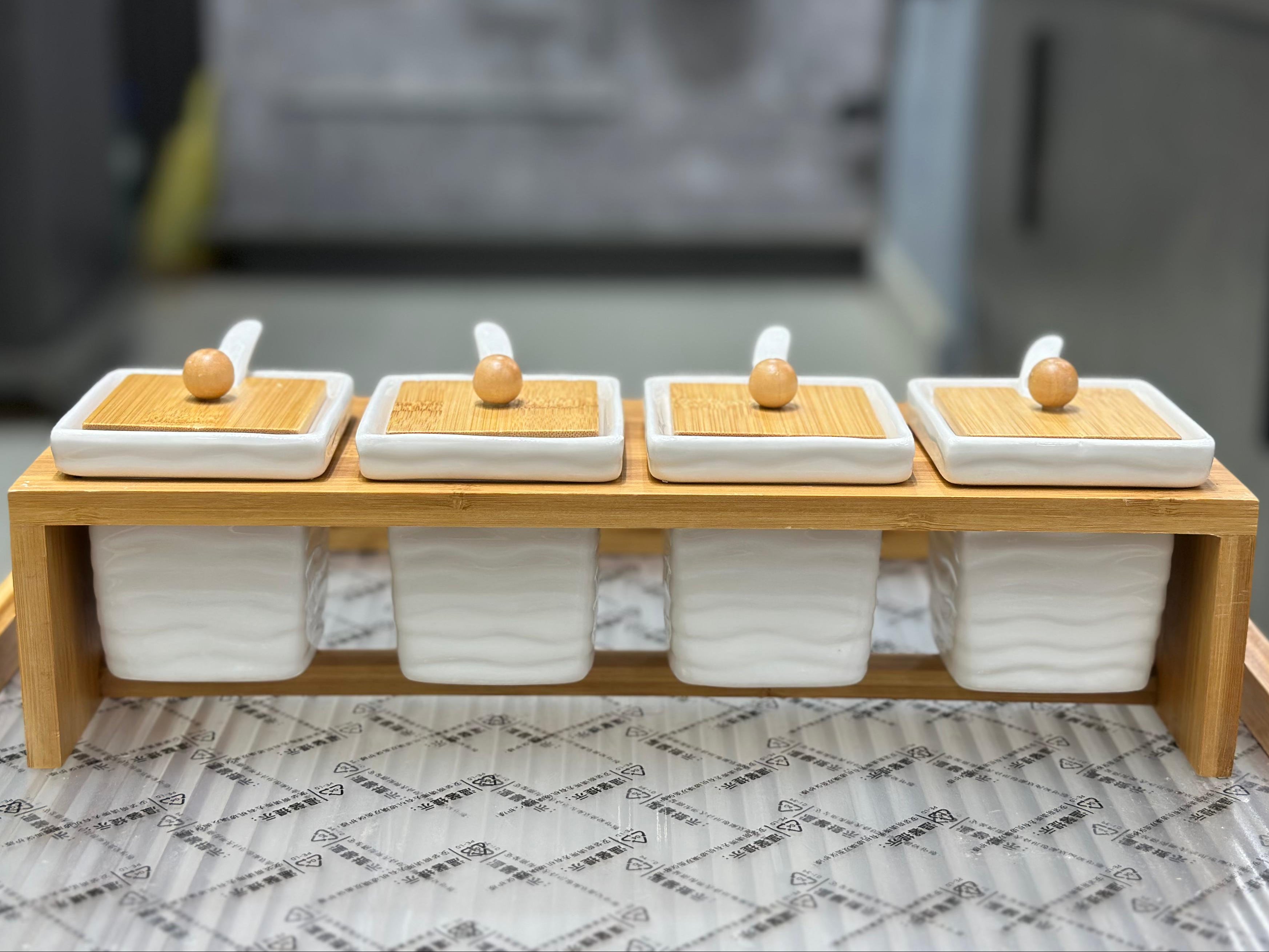 4 - Pieces Sauce/Seasoning Serving Jars With Wooden Stand