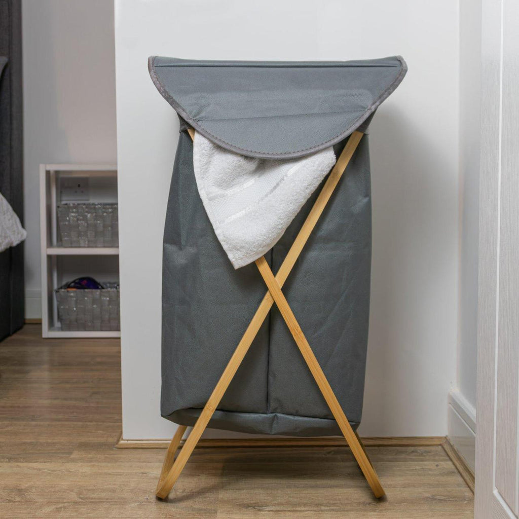 Foldable Laundry Hamper with Lid & Wooden Stand