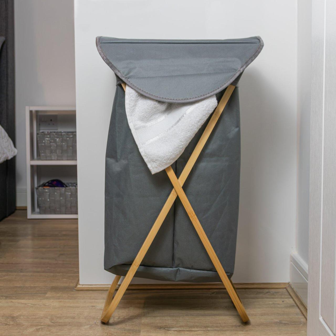 Foldable Laundry Hamper with Lid & Wooden Stand