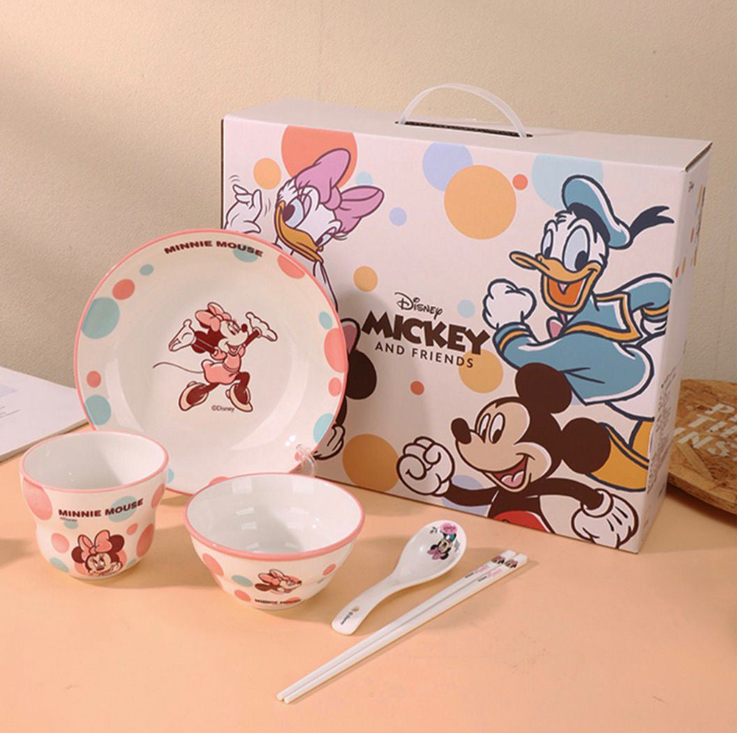 Disney Mickey & Friends 5-Piece Kids Dinner Set – Premium Ceramic Plate, Bowl, Cup, Spoon & Chopsticks Gift Set