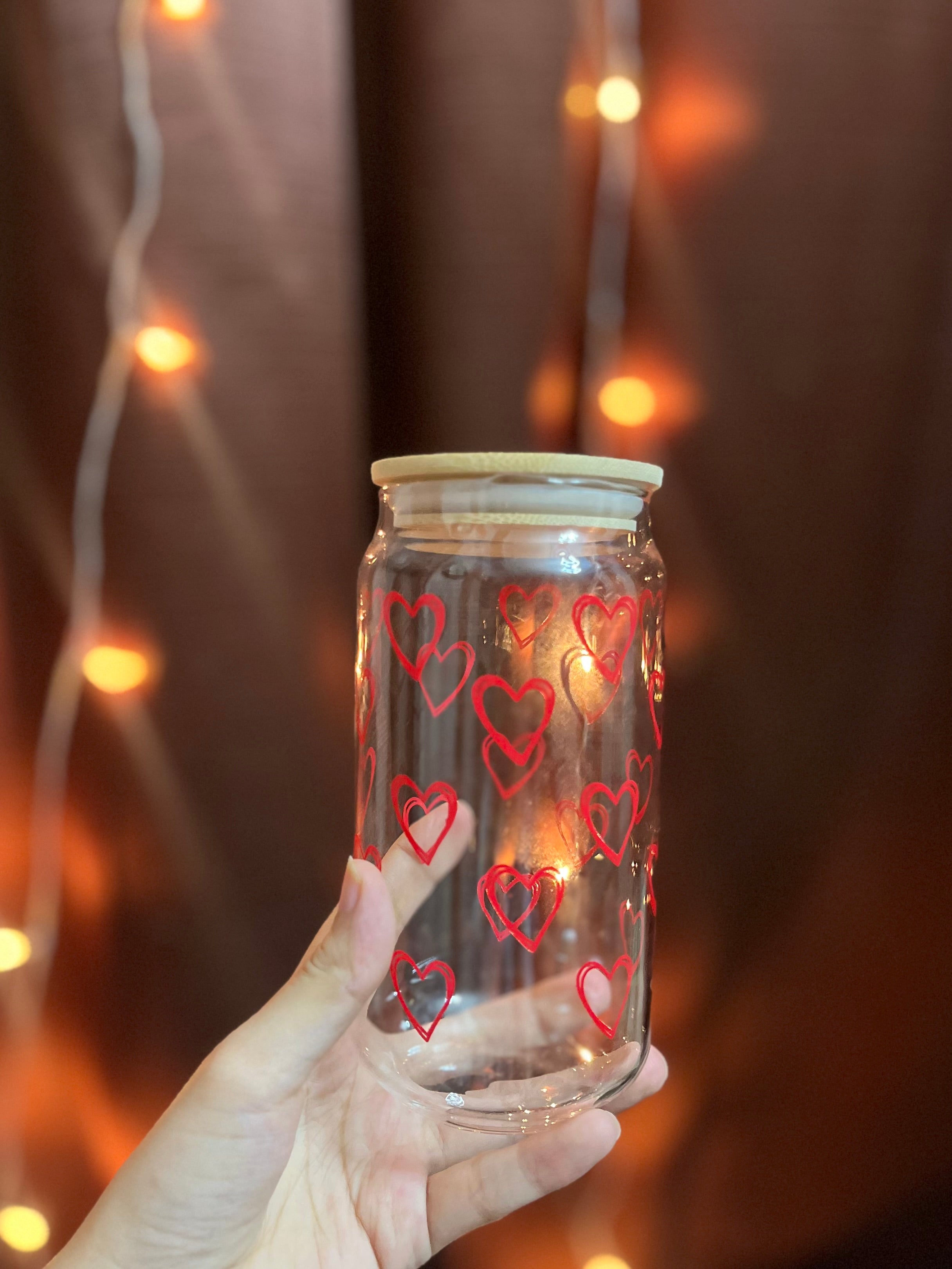 Glass Tumbler with Red Hearts & Wooden Lid