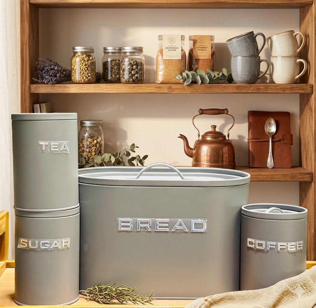 4 - Pieces Bread Box With Tea, Sugar & Coffee jars