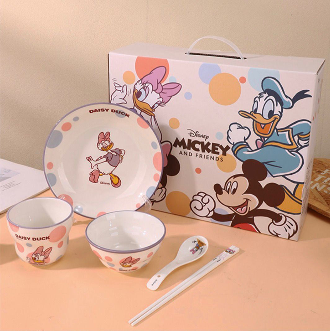 Disney Mickey & Friends 5-Piece Kids Dinner Set – Premium Ceramic Plate, Bowl, Cup, Spoon & Chopsticks Gift Set
