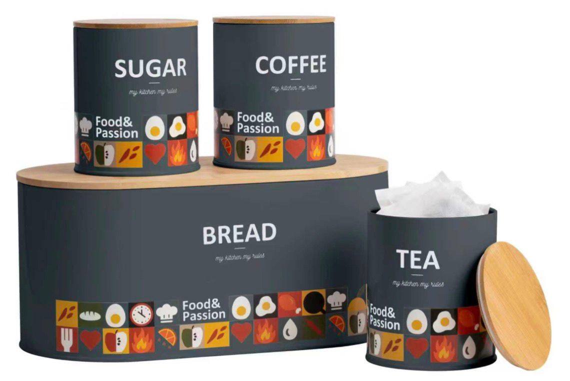 4-Piece kitchen Storage Bread Box and Canisters for Tea Coffee and Sugar