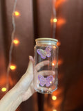 Butterfly Glass Tumbler With Wooden Lid & Glass Straw