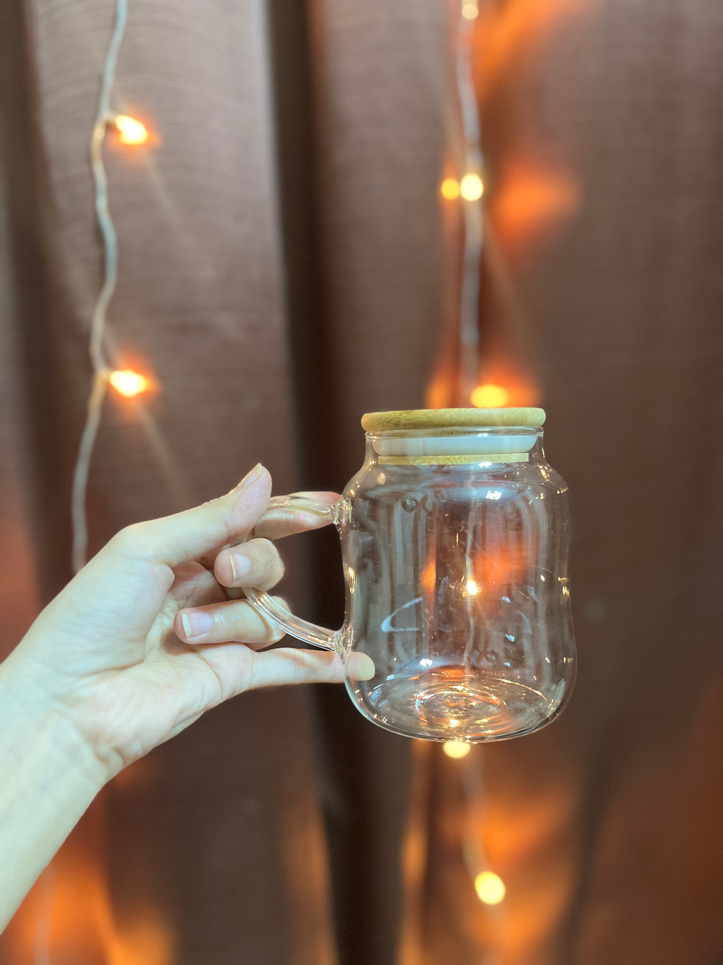 Glass Tumbler With Handle & Wooden Lid