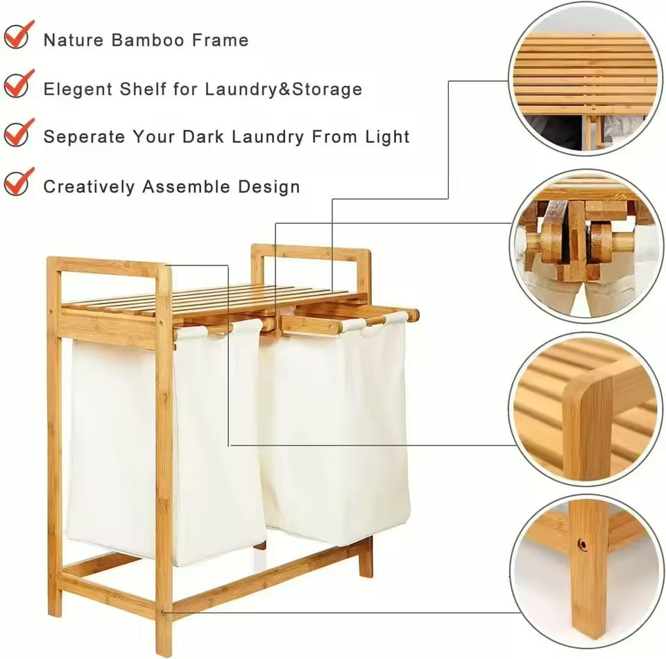 Bamboo Laundry Hamper With Dual Compartments - White