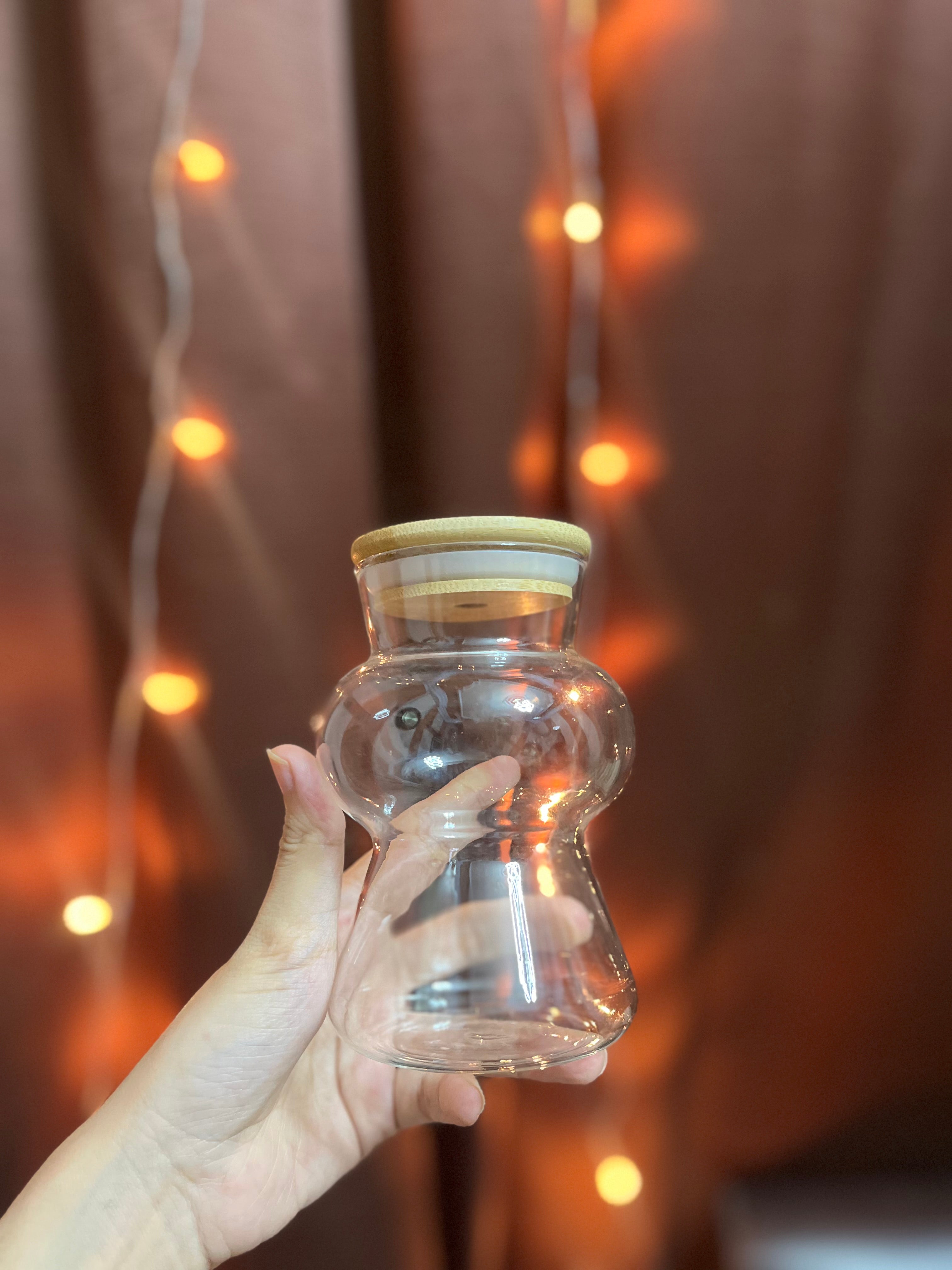 Curve Shaped Glass Tumbler With Wooden Lid & Glass Straw