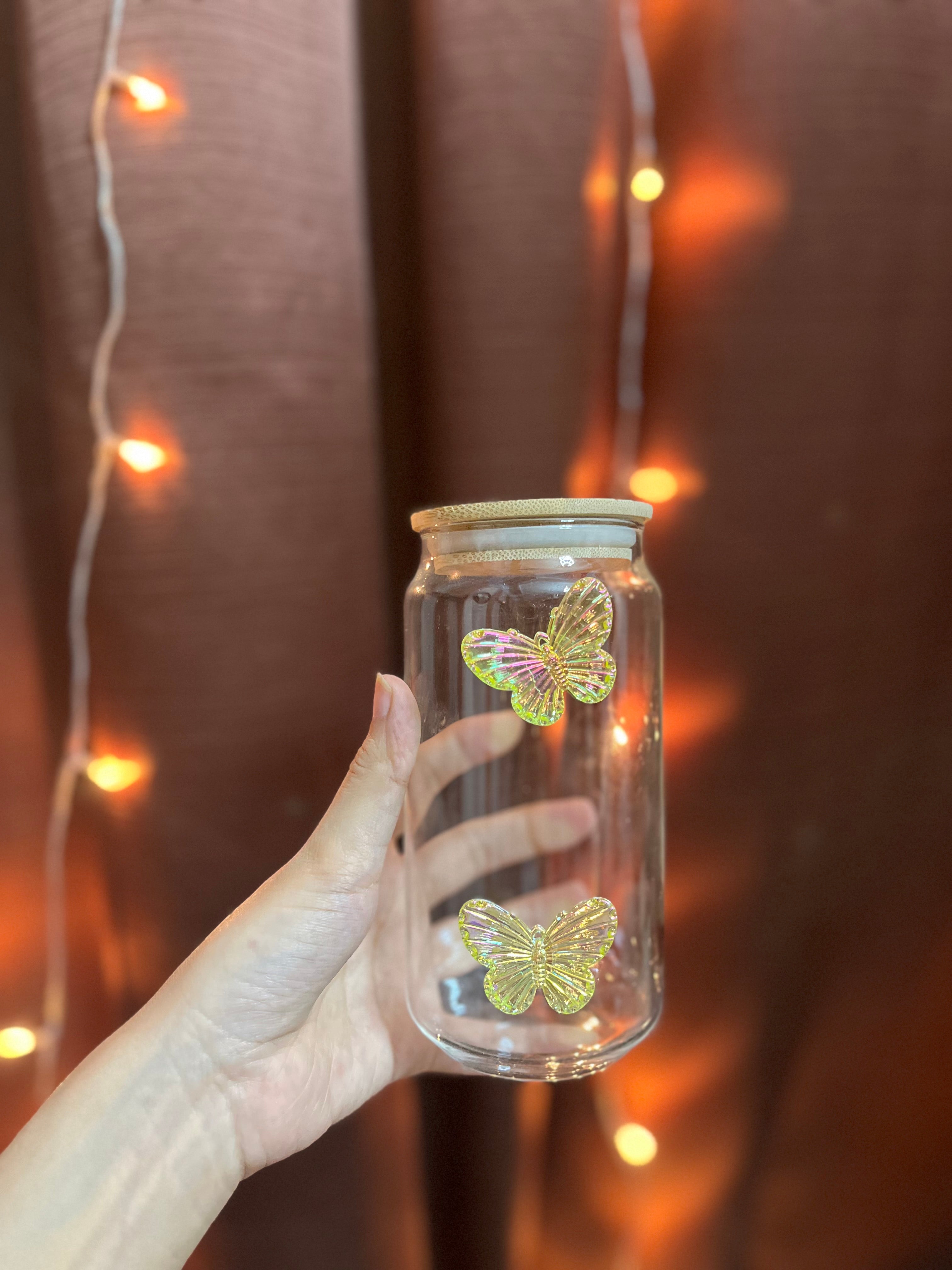 Butterfly Glass tumbler With Glass  Straw and Wooden Lid