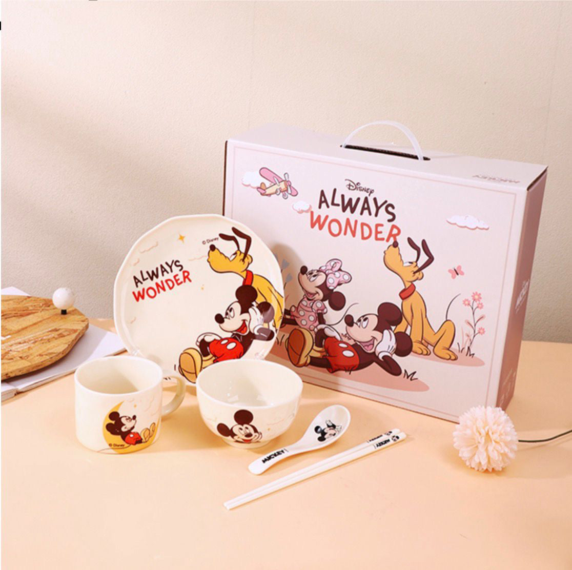 Disney Mickey & Minnie 5-Piece Kids Dinner Set – Premium Ceramic Plate, Bowl, Cup, Spoon & Chopsticks Gift Set