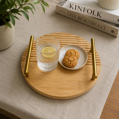 New   2 Pcs Round Bamboo Serving Tray Set with Gold Handles