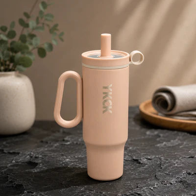 YKCK Vacuum Insulated Travel Tumbler with Handle & Straw – Beige | 40oz