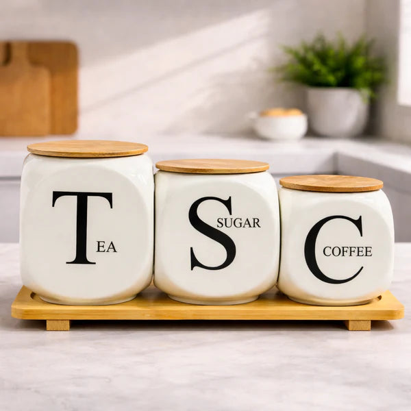 Modern Ceramic Tea Coffee Sugar Storage Jar Set with Bamboo Tray
