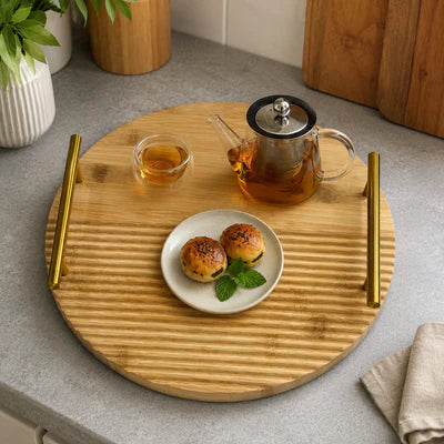 New   2 Pcs Round Bamboo Serving Tray Set with Gold Handles