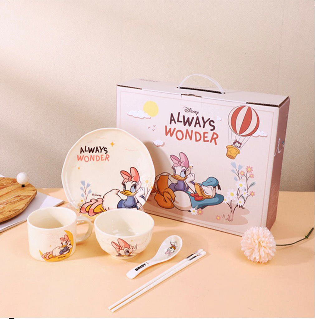 Disney Donald Duck 5-Piece Kids Dinner Set – Premium Ceramic Plate, Bowl, Cup, Spoon & Chopsticks Gift Set