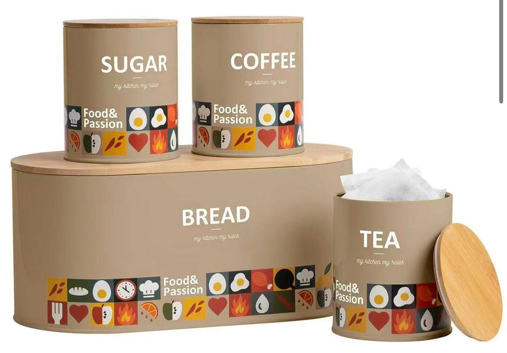 4-Piece kitchen Storage Bread Box and Canisters for Tea Coffee and Sugar