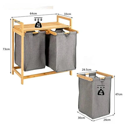 Bamboo Laundry Hamper With Dual Compartments - Grey