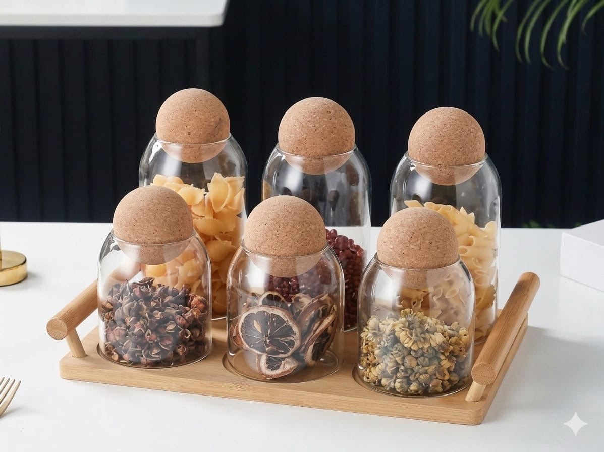Ball Cork Jars With Wooden Tray