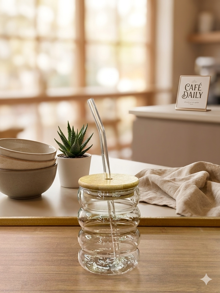 Curvy Glass Tumbler With Glass Straw
