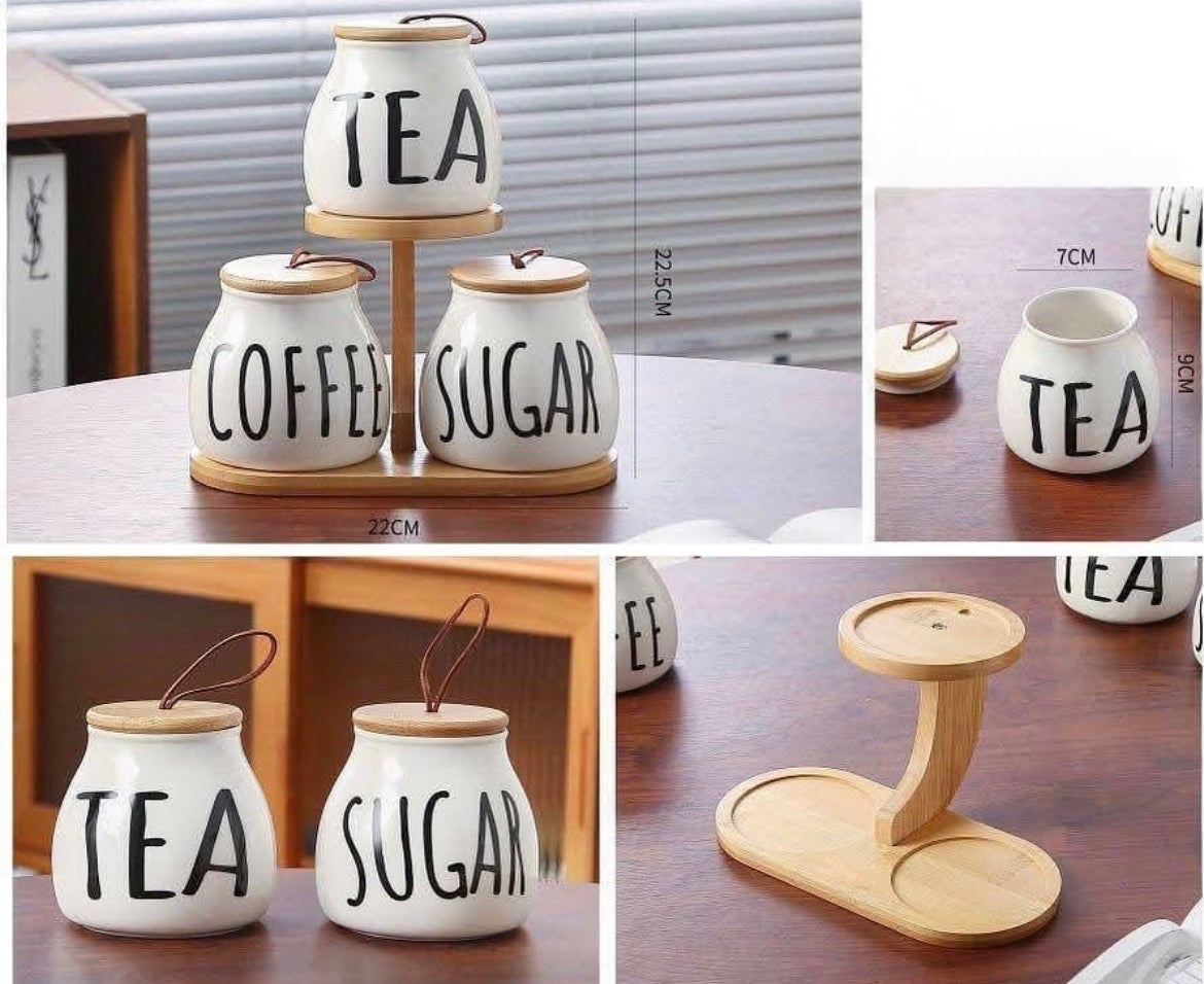 Ceramic canister tea, coffee & sugar jars with wooden lid