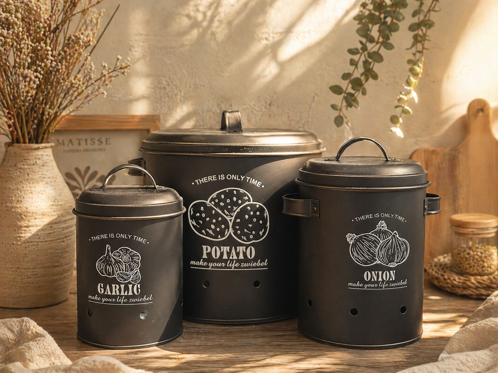 3-Piece Tin
Storage Bucket Set for Potatoes, Onions, and Garlic
