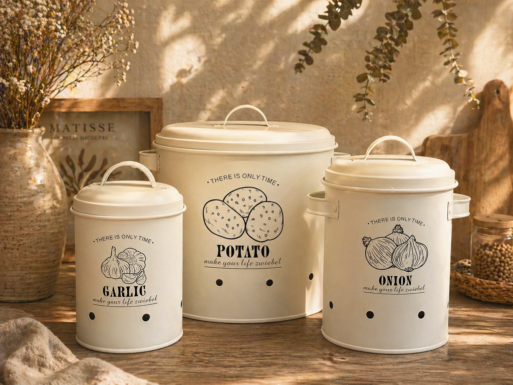 3-Piece Tin
Storage Bucket Set for Potatoes, Onions, and Garlic