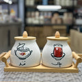 Stylish Tea & Sugar Ceramic Airtight Jars With Wooden Lid & Stand