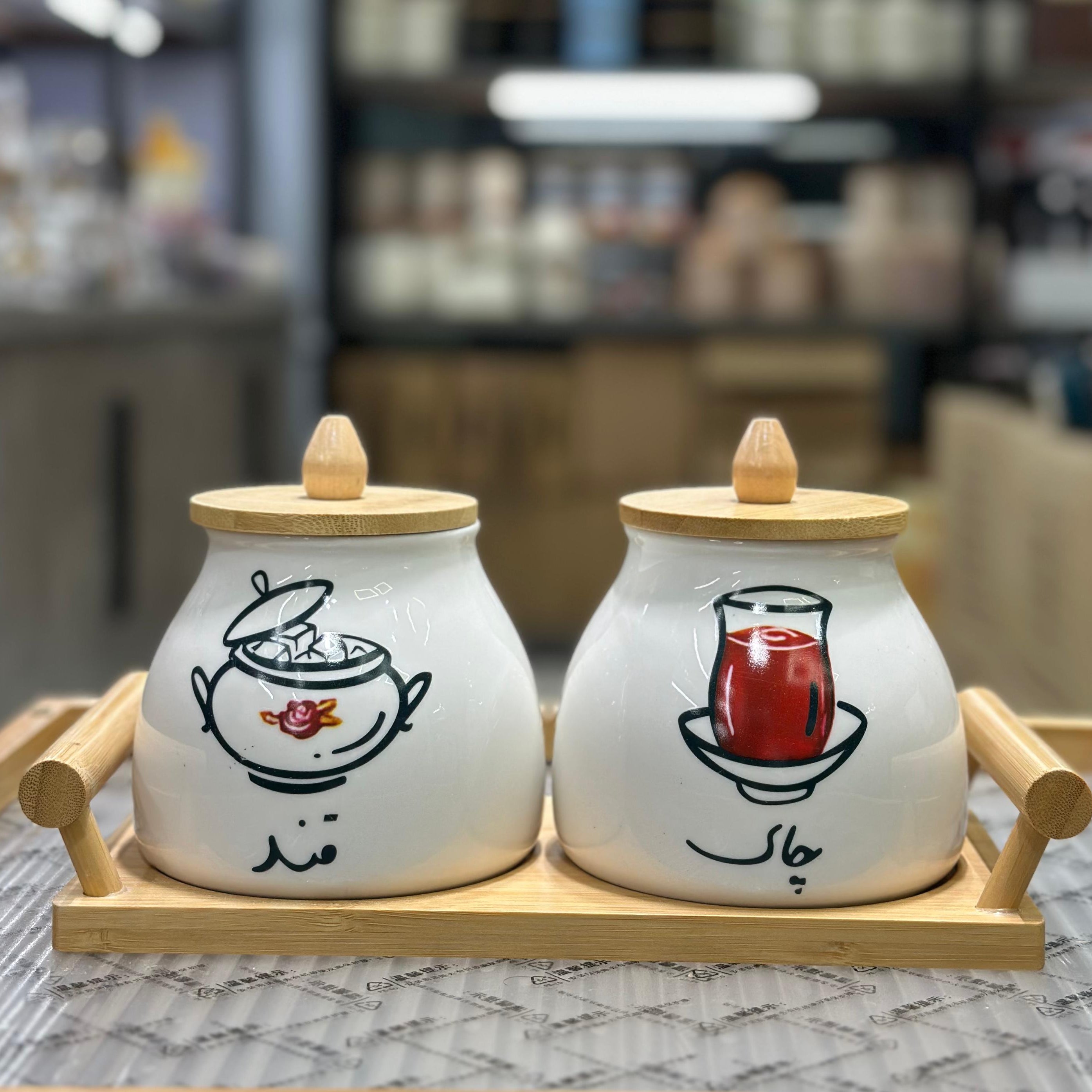 Stylish Tea & Sugar Ceramic Airtight Jars With Wooden Lid & Stand