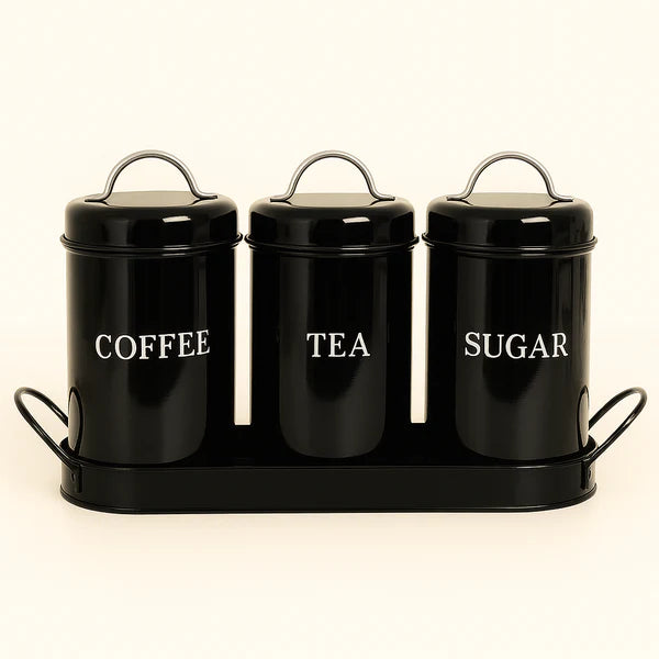 Vintage Retro Metal Jar Set With Tray