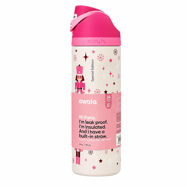 Owala 24oz Insulated Water Bottle – Leak-Proof FreeSip Straw Lid (Special Edition Pink Nutcracker)