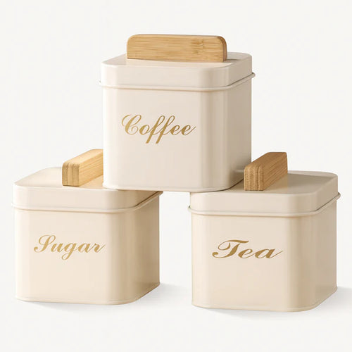 3-Piece Square Metal Sugar Canister Set with Bamboo Lids - White